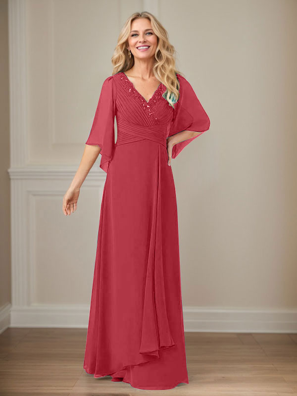 A-Linie V-Ausschnitt Lange Pailletten Chiffon Mutterkleid