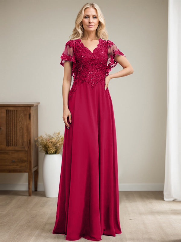 A-Linie V-Ausschnitt Bodenlanges Spitzenchiffonkleid für die Brautmutter mit Pailletten