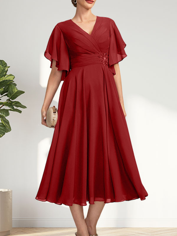 A-line V-Neck Tea-Length Chiffon Mother of the Bride Dress With Pleated Beading