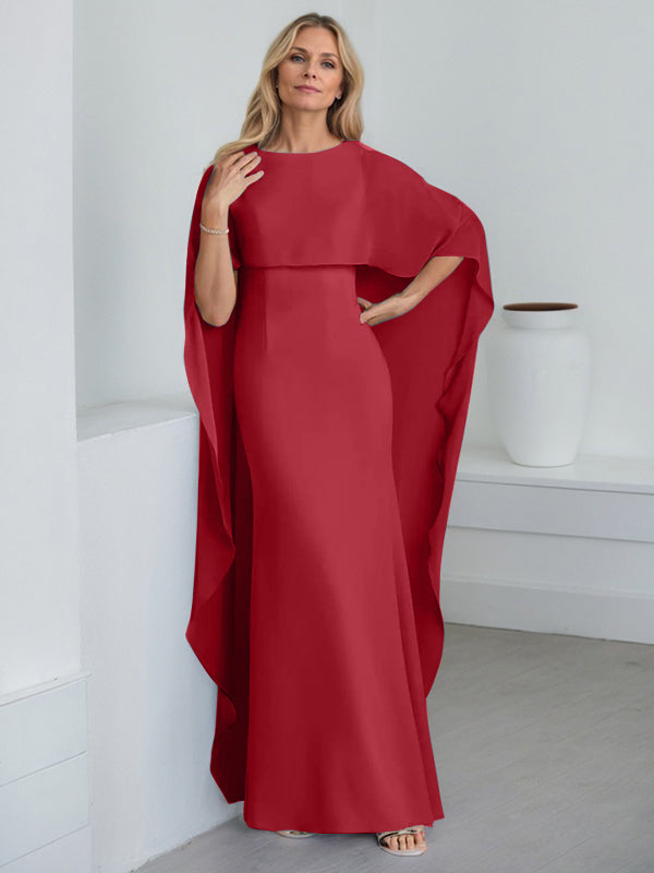 Bodenlanges Etui-Kleid aus Chiffon mit U-Ausschnitt und kaskadierenden Rüschen
