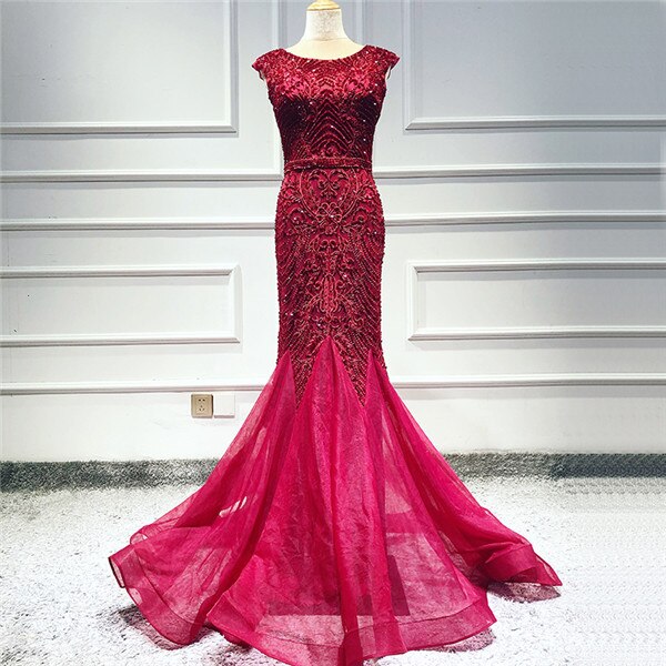 Wine Red Dubai Crystal O-Neck Evening Dresses Mermaid Sleeveless Luxury Formal Dress Real Photo LA60980