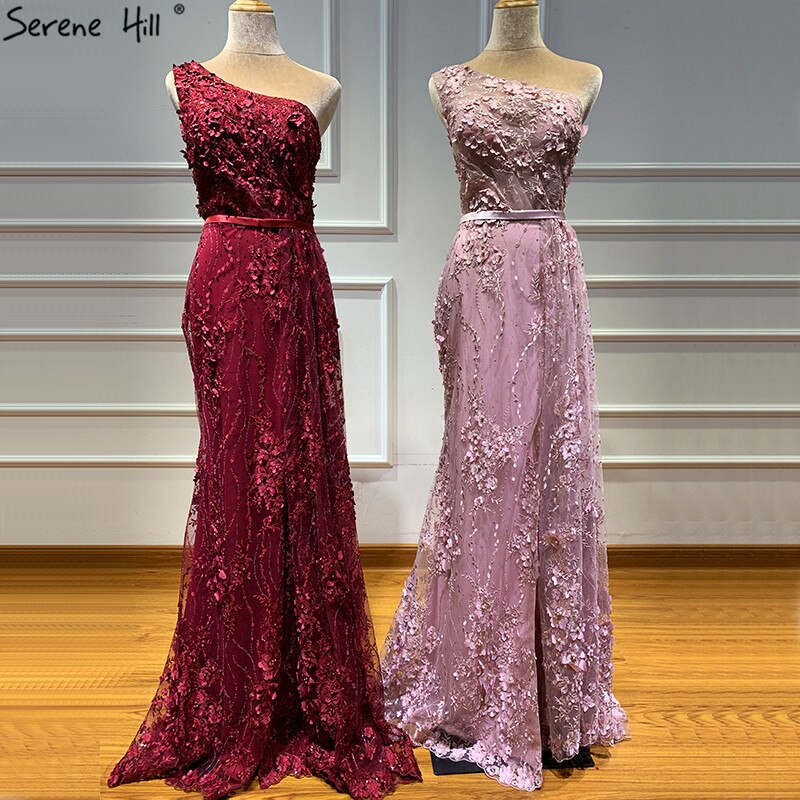 Wine Red Handmade Flowers Pearls Evening Dresses One-Shoulder Sexy Luxury Evening Gowns 2025 LA60901