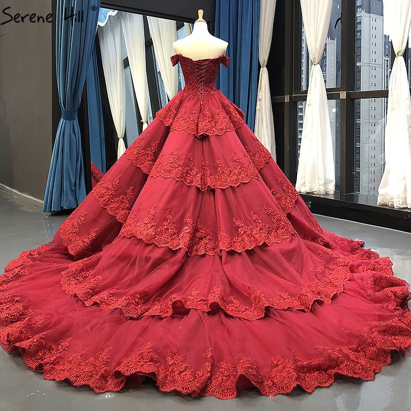 Wine Red Luxury Lace Tiered Sexy Wedding Dress Sleeveless Beading Bridal Gowns 2025 Real Picture HM66786 Custom Made