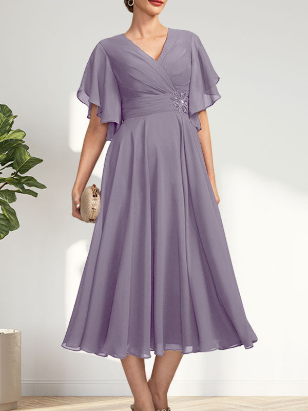 A-line V-Neck Tea-Length Chiffon Mother of the Bride Dress With Pleated Beading