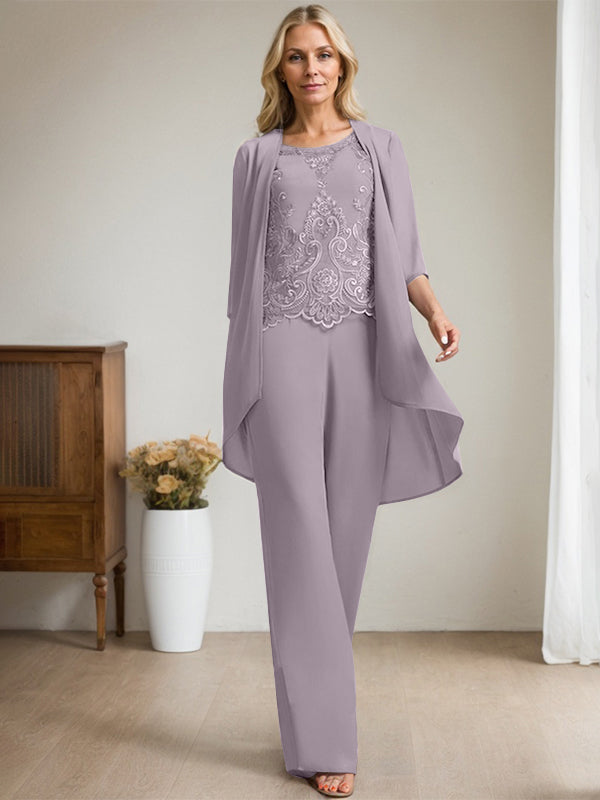 Separates Jumpsuit/Hosenanzug, U-Ausschnitt, bodenlanges Chiffon-Spitzenkleid für die Brautmutter mit Perlen und Pailletten