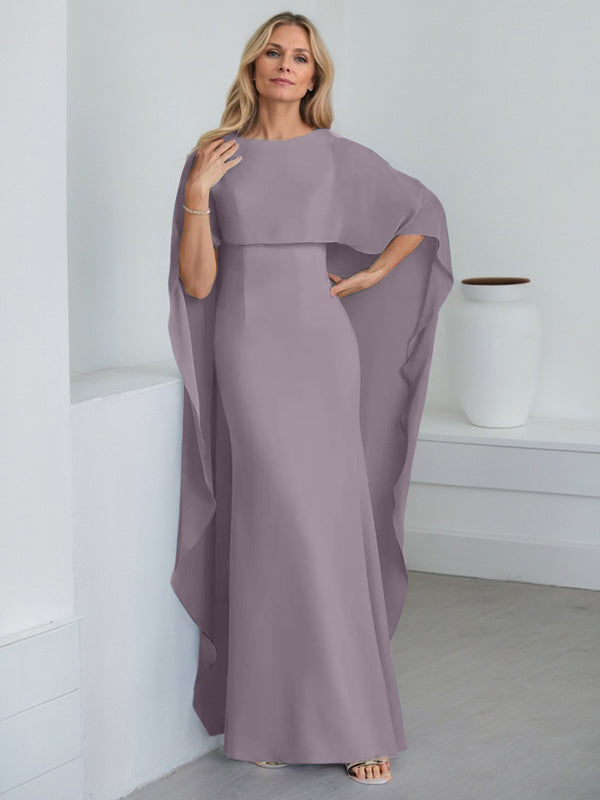 Bodenlanges Etui-Kleid aus Chiffon mit U-Ausschnitt und kaskadierenden Rüschen