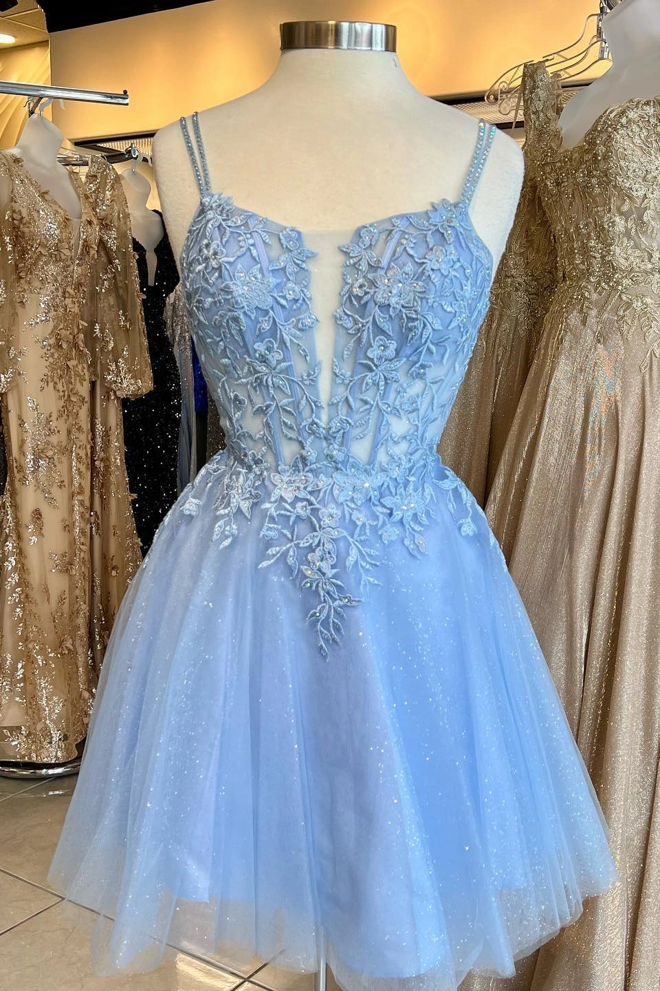 Träger Blau Applikationen A-Linie Kurzes Homecoming-Kleid Y2765