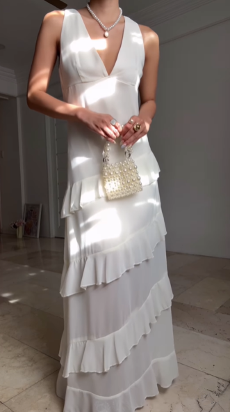 Vestido de fiesta blanco sencillo de gasa con escote en V y volantes, vestido de noche largo sin espalda Y8500