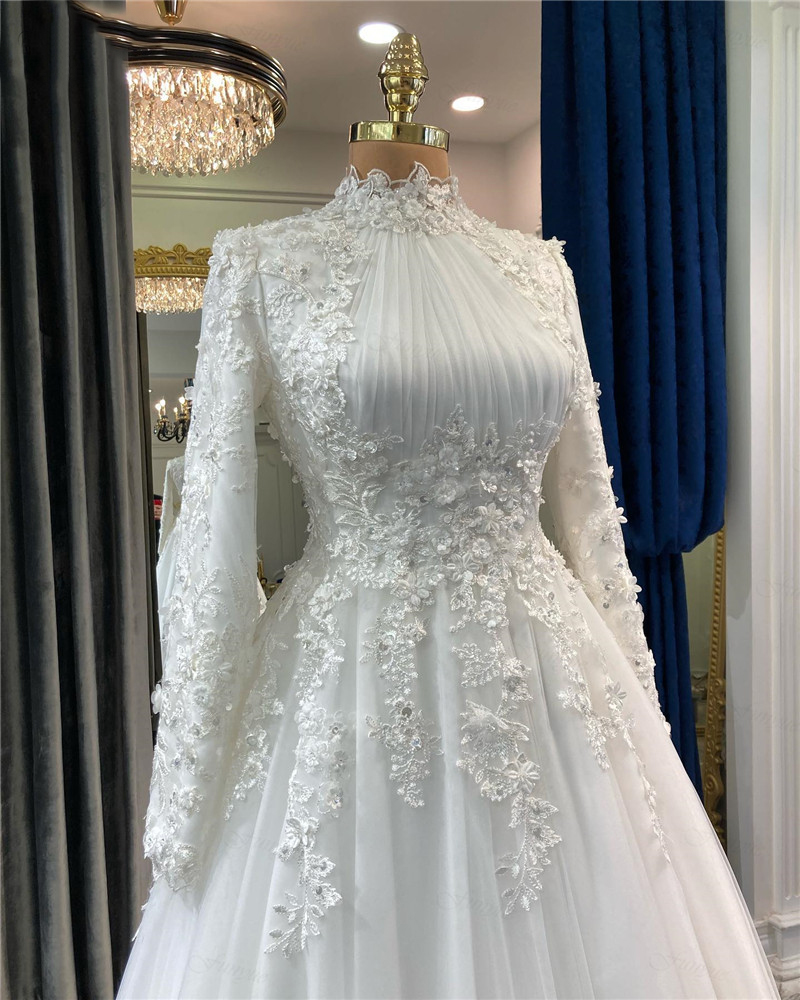 Elegante vestido de novia musulmán con apliques florales, estilo árabe dubaití, mangas largas, Y4444