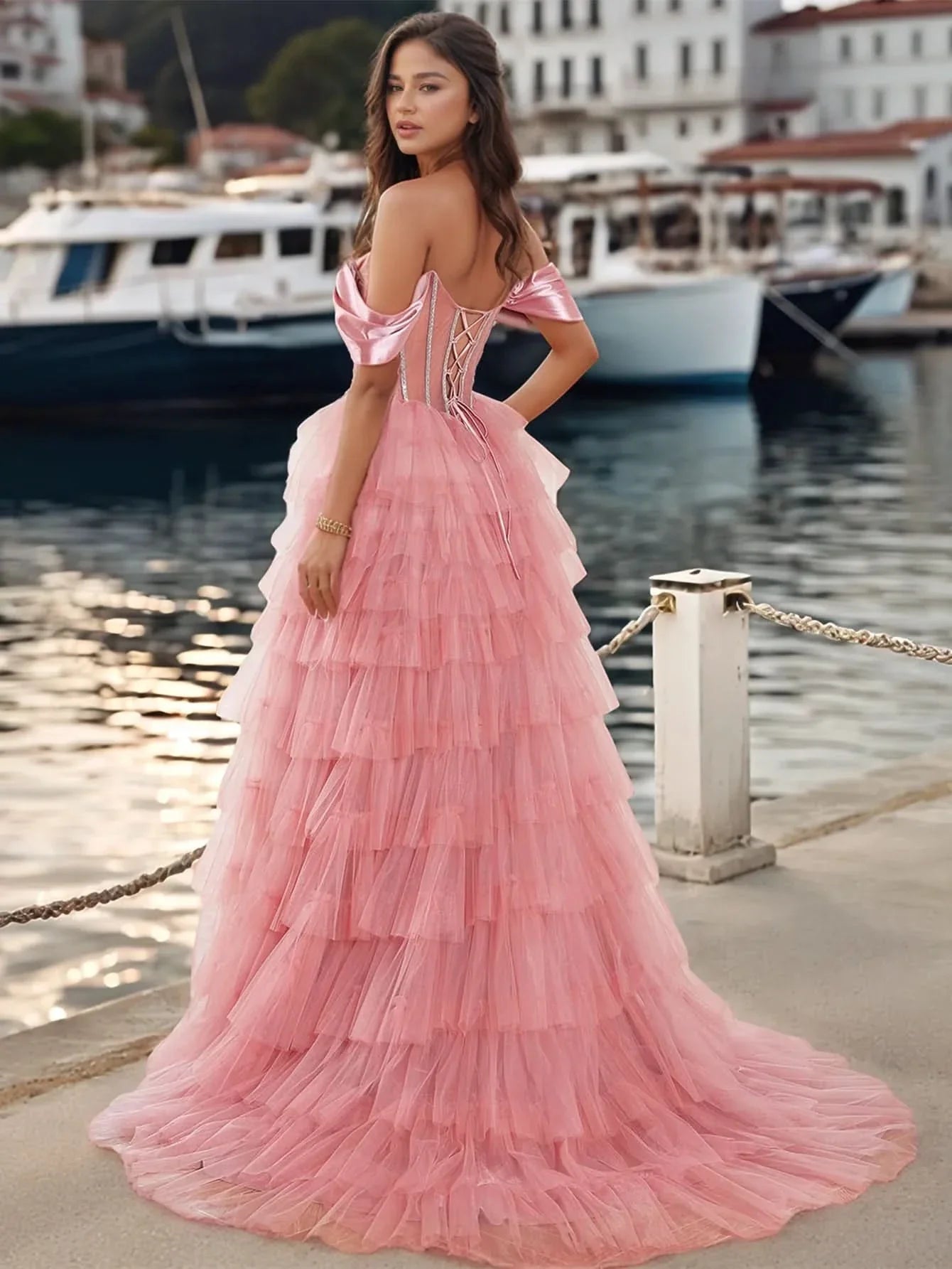Luxury Crystal Off Shoulder Sheer Bodice Ruffle Ball Gown Prom Dress