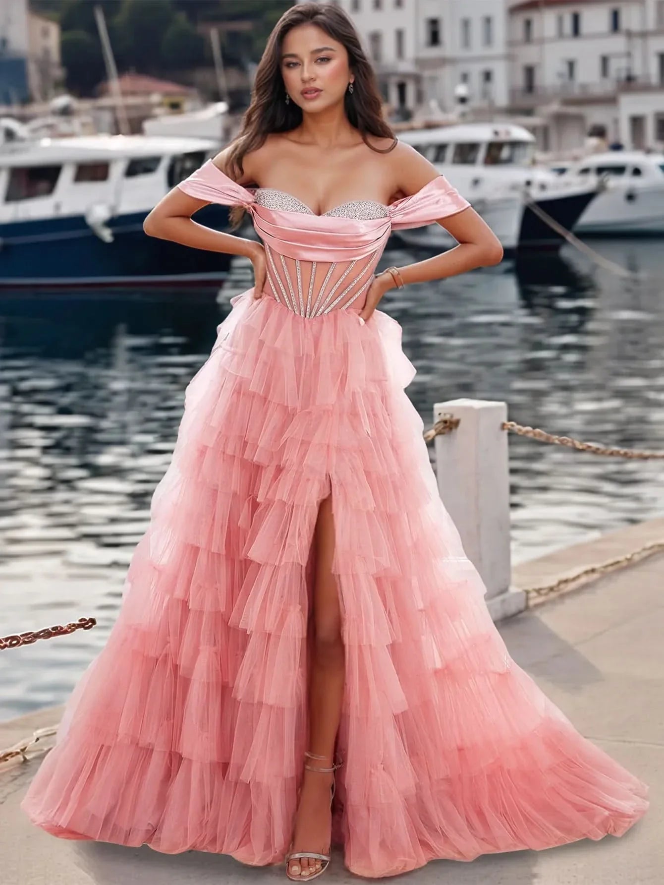 Luxury Crystal Off Shoulder Sheer Bodice Ruffle Ball Gown Prom Dress