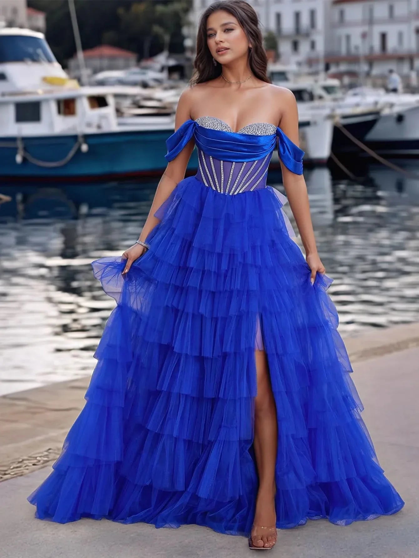 Luxury Crystal Off Shoulder Sheer Bodice Ruffle Ball Gown Prom Dress