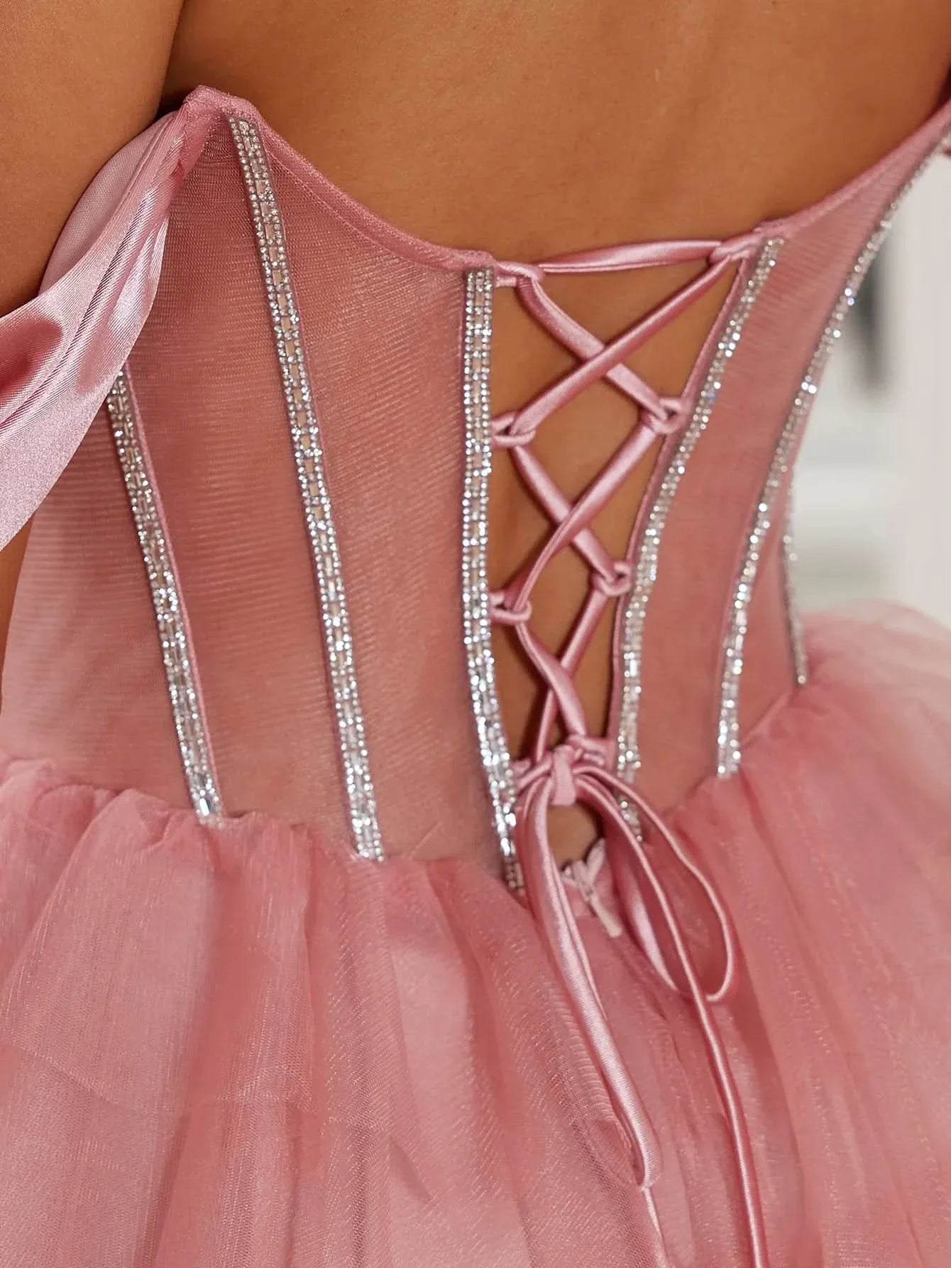 Luxury Crystal Off Shoulder Sheer Bodice Ruffle Ball Gown Prom Dress