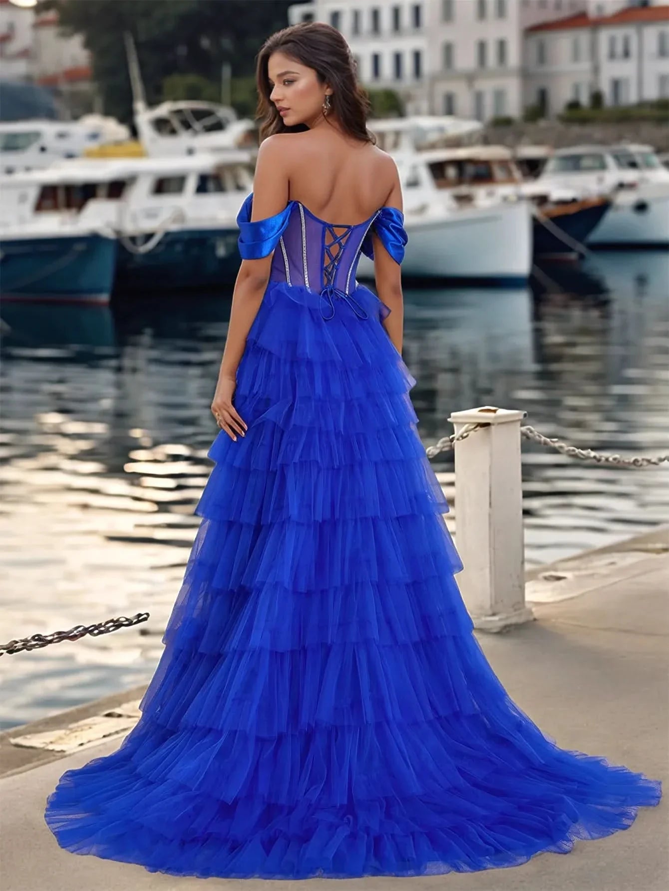 Luxury Crystal Off Shoulder Sheer Bodice Ruffle Ball Gown Prom Dress