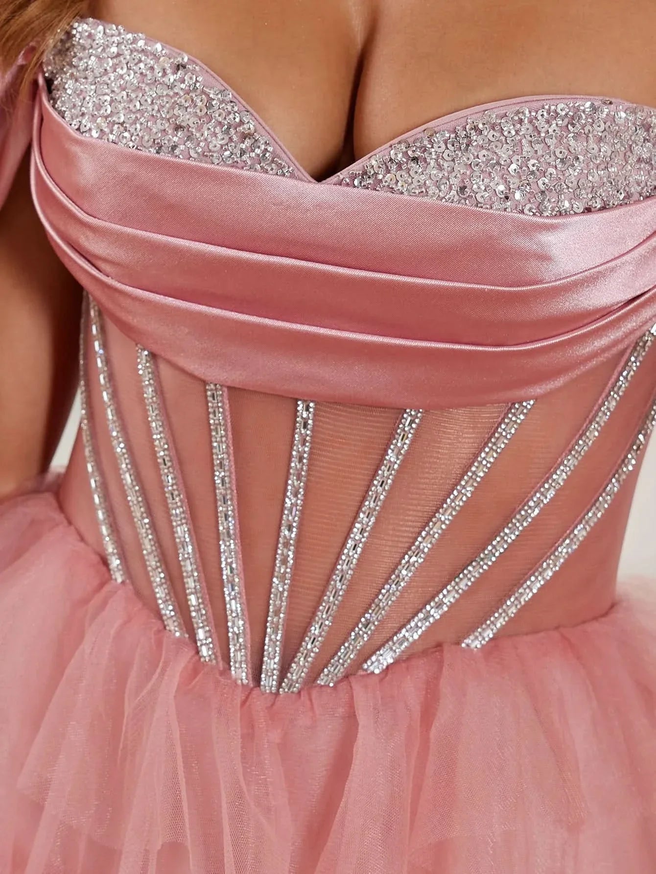 Luxury Crystal Off Shoulder Sheer Bodice Ruffle Ball Gown Prom Dress