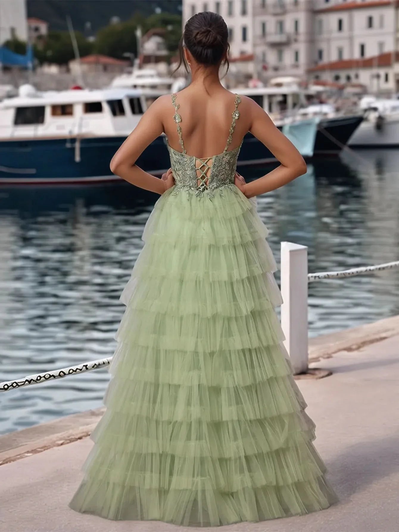 Sheer Bodice Lace Embroidery Ruffle Ball Gown Prom Dress
