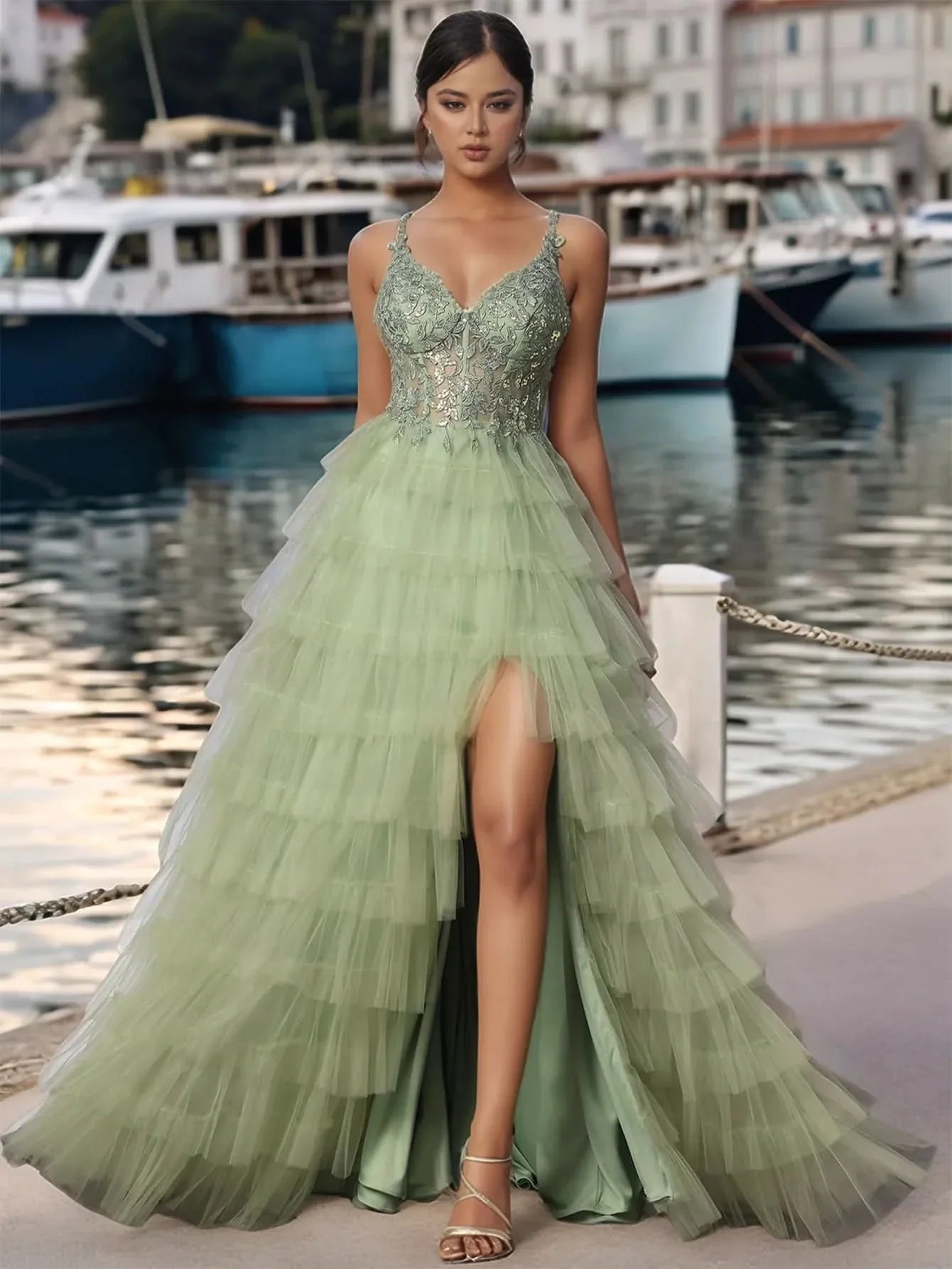 Sheer Bodice Lace Embroidery Ruffle Ball Gown Prom Dress