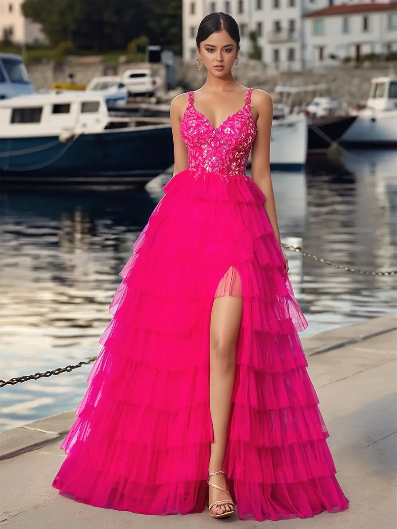 Sheer Bodice Lace Embroidery Ruffle Ball Gown Prom Dress