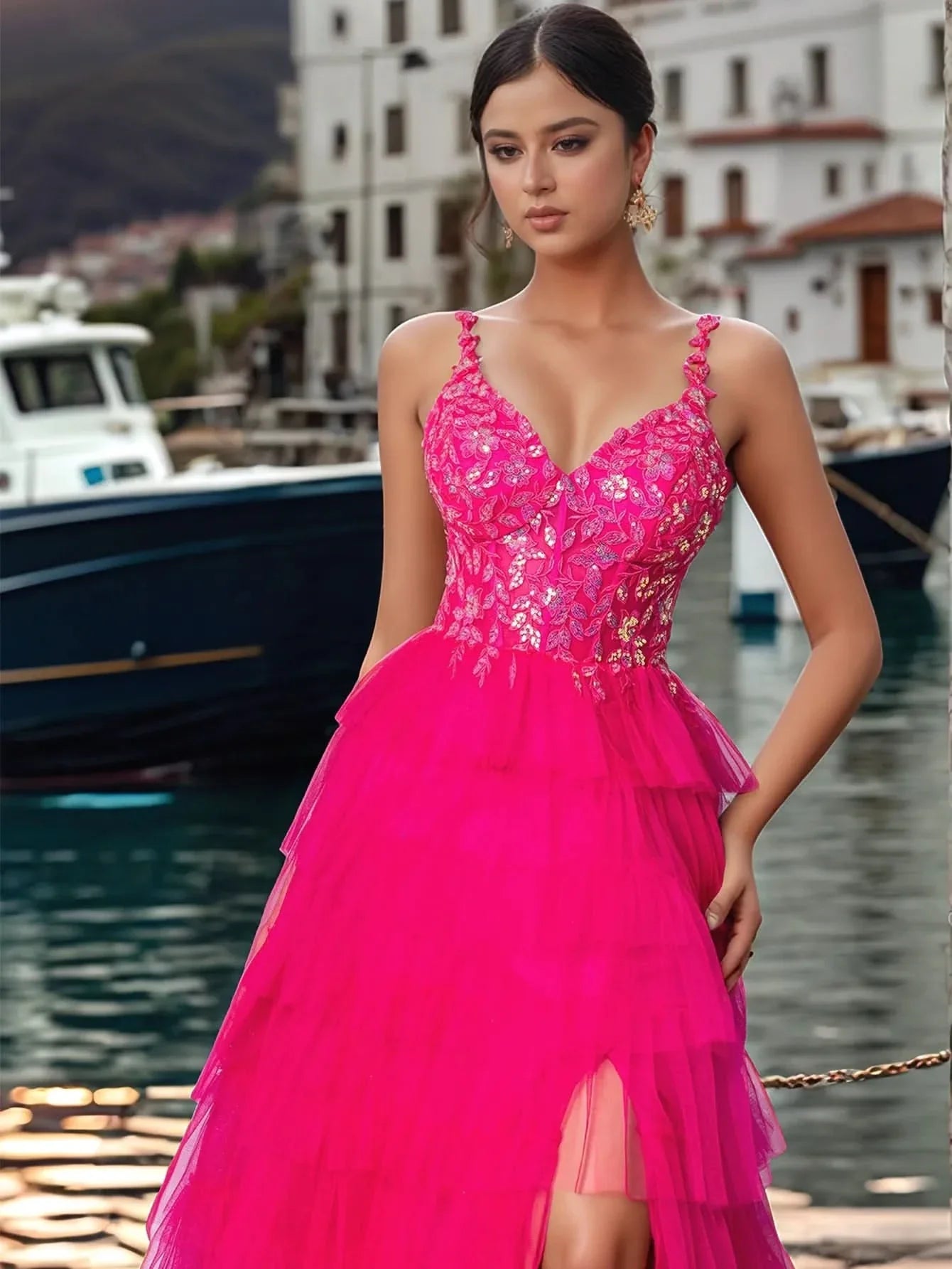 Sheer Bodice Lace Embroidery Ruffle Ball Gown Prom Dress
