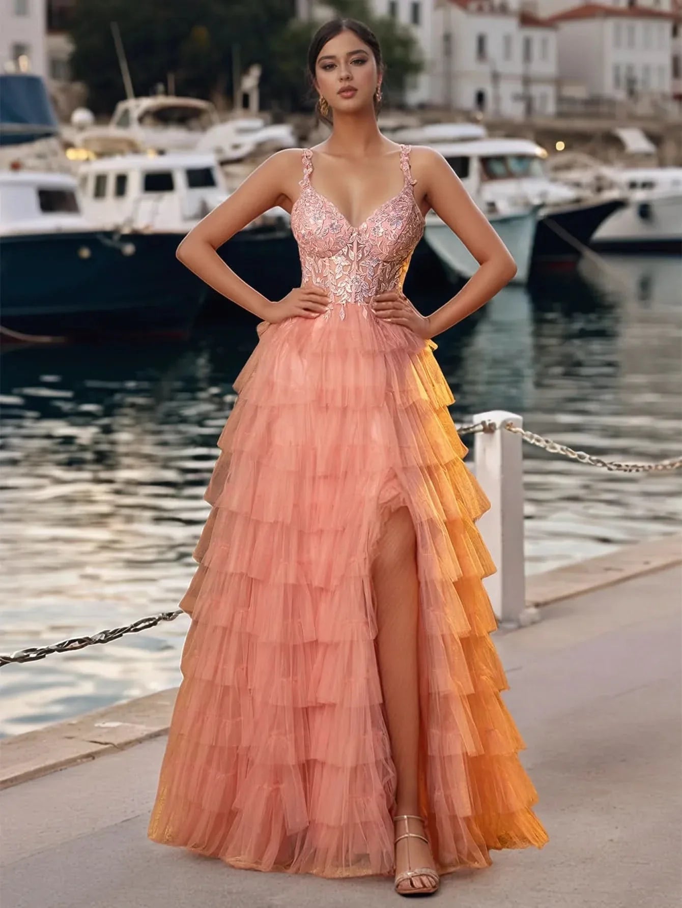 Sheer Bodice Lace Embroidery Ruffle Ball Gown Prom Dress