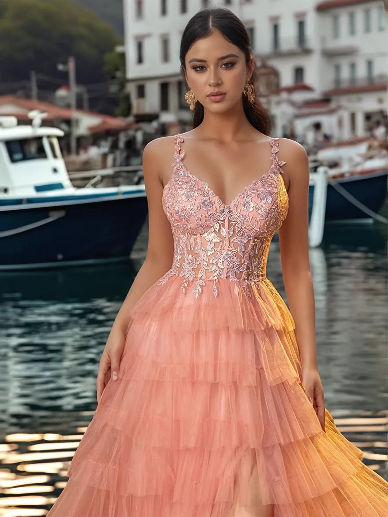 Sheer Bodice Lace Embroidery Ruffle Ball Gown Prom Dress