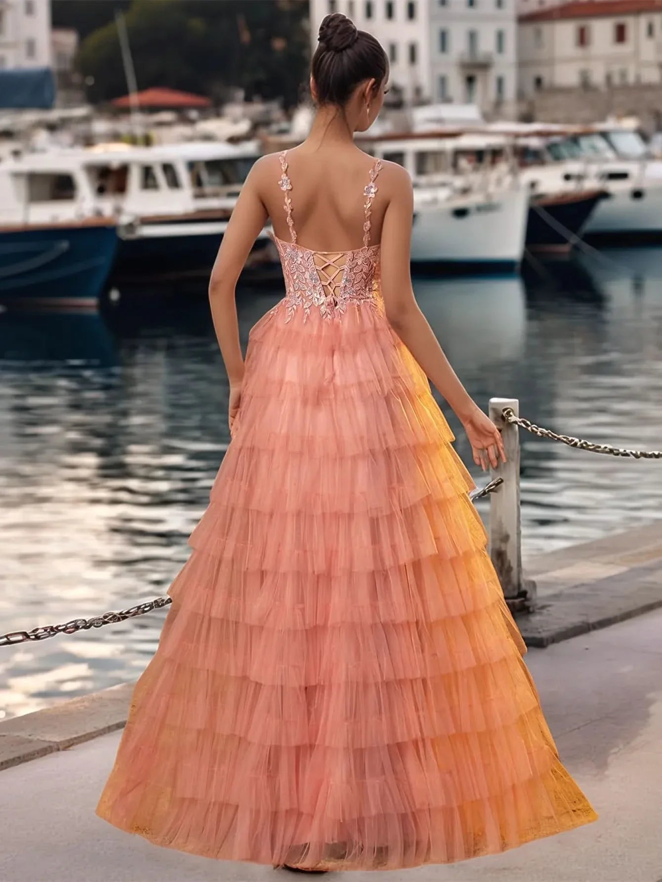 Sheer Bodice Lace Embroidery Ruffle Ball Gown Prom Dress