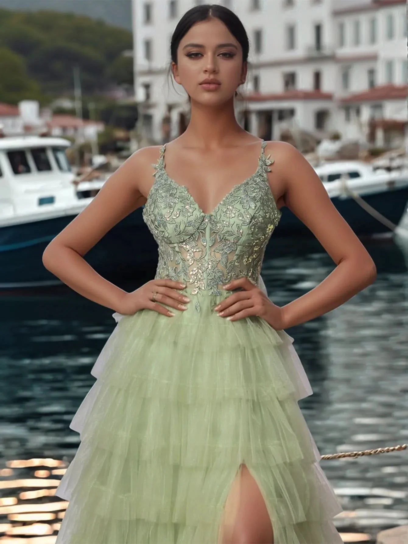 Sheer Bodice Lace Embroidery Ruffle Ball Gown Prom Dress