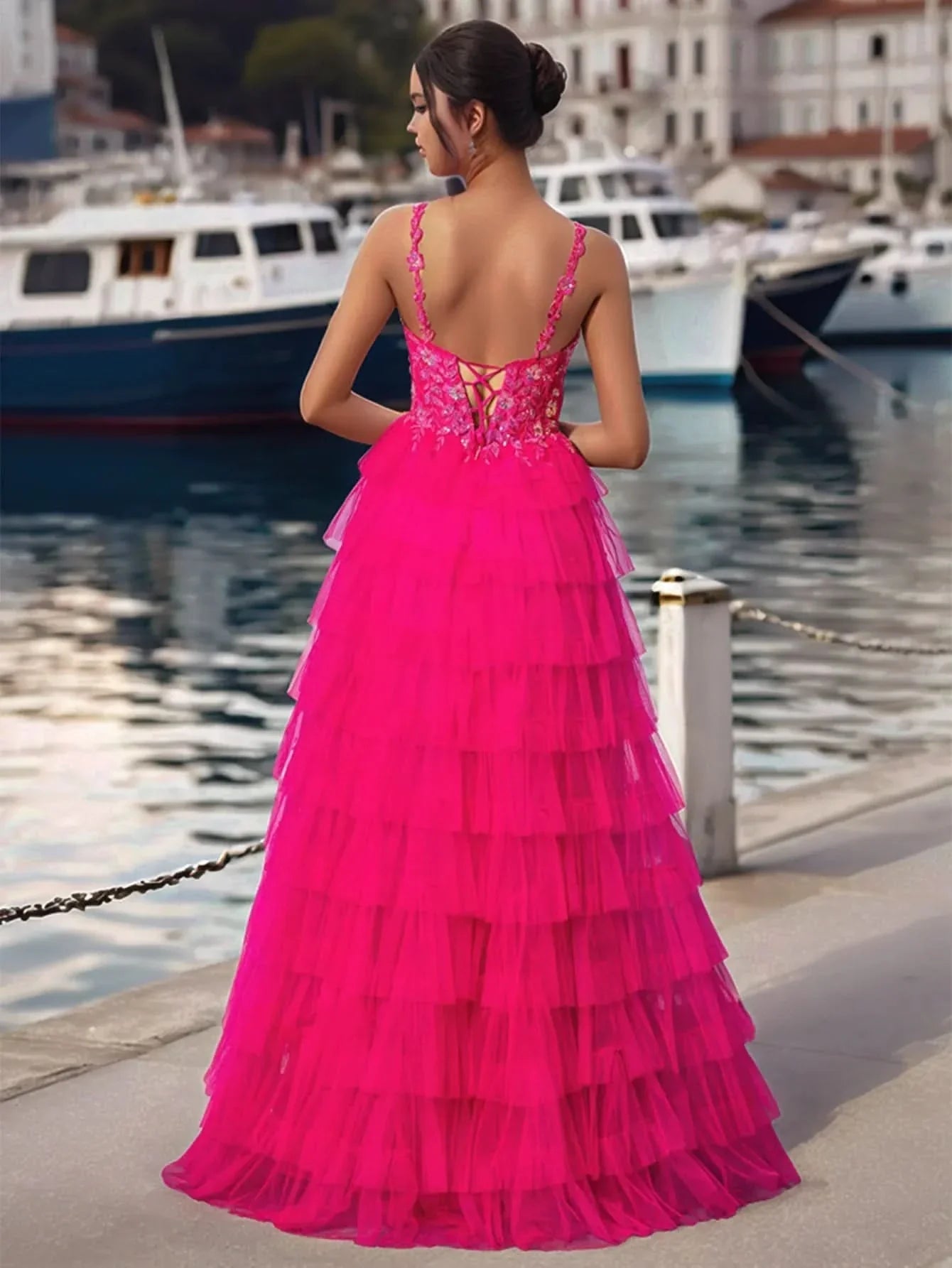 Sheer Bodice Lace Embroidery Ruffle Ball Gown Prom Dress