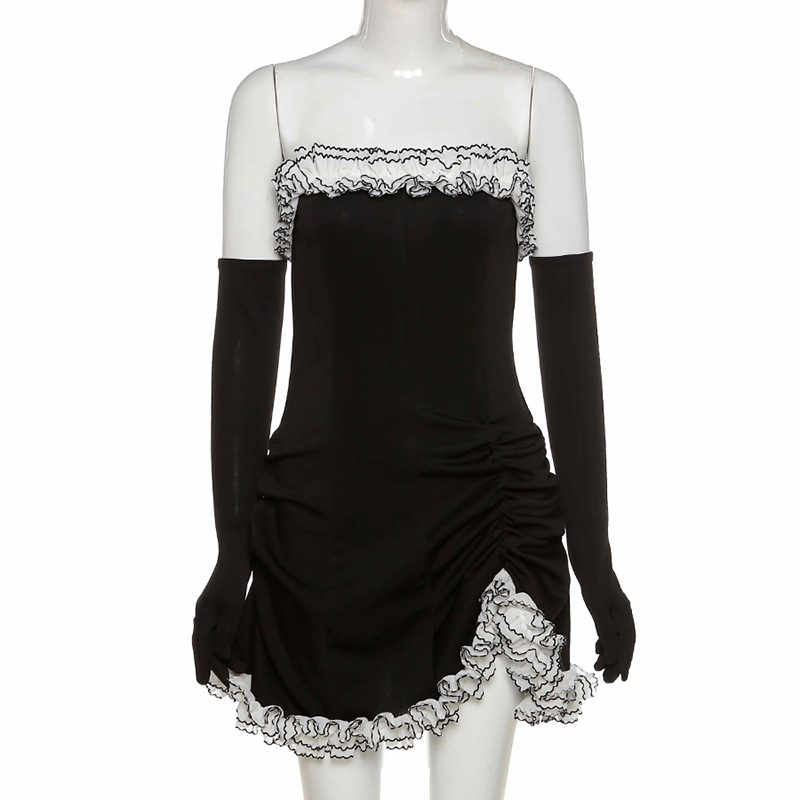 Vestido de fiesta negro con falda tubo y volantes blancos irregulares, vestido negro de regreso a casa Y2617