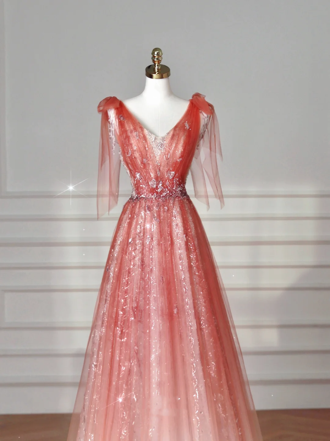 Elegante vestido de fiesta de tul con lentejuelas y escote en V, color rosa fresa, corte A, vestido de noche largo Y8614