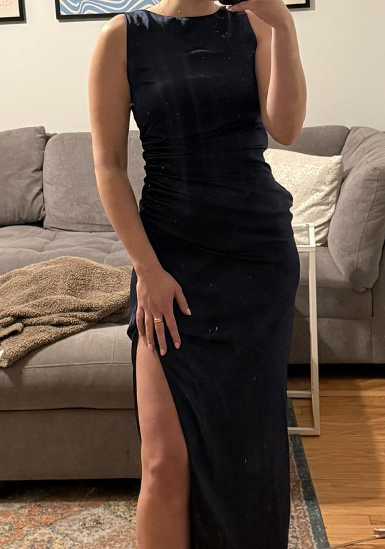 Elegante vestido de fiesta largo de satén con abertura alta, vestido formal de noche Y8451