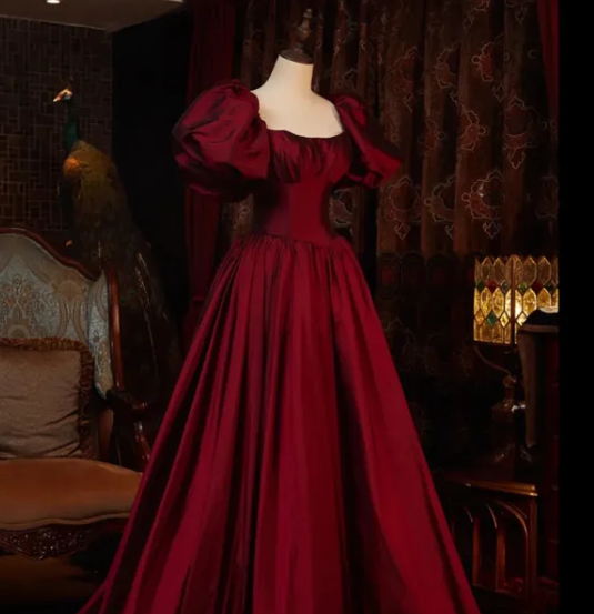 Vestidos de noche largos hasta el suelo, de manga corta, color rojo vino, vestidos formales de gala Y6973