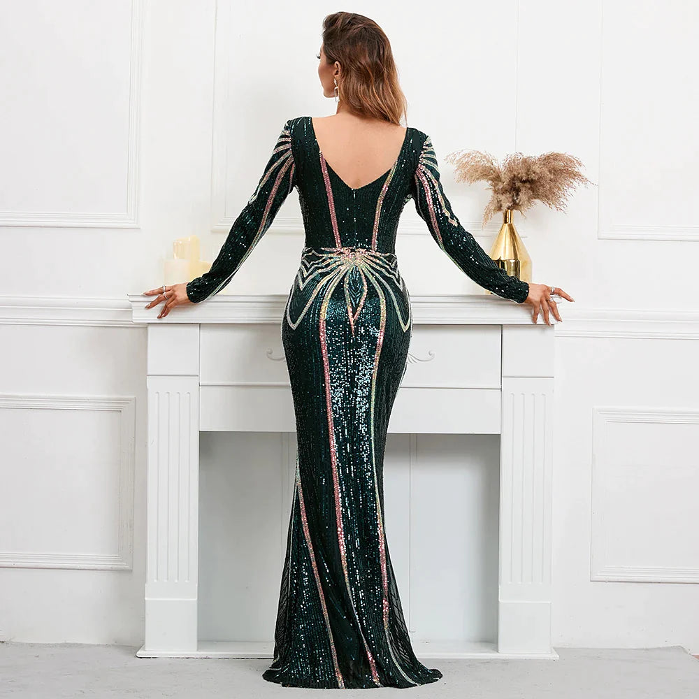 Stretch Green Sequin Maxi Dress Full Sleeve V Neck Mermaid Evening Night Long Party Dress-payinti