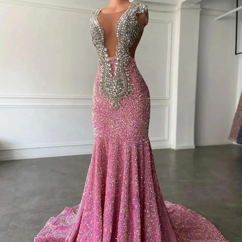Vestidos de fiesta rosas brillantes, sexy vestido de noche rosa sirena con lentejuelas Y477