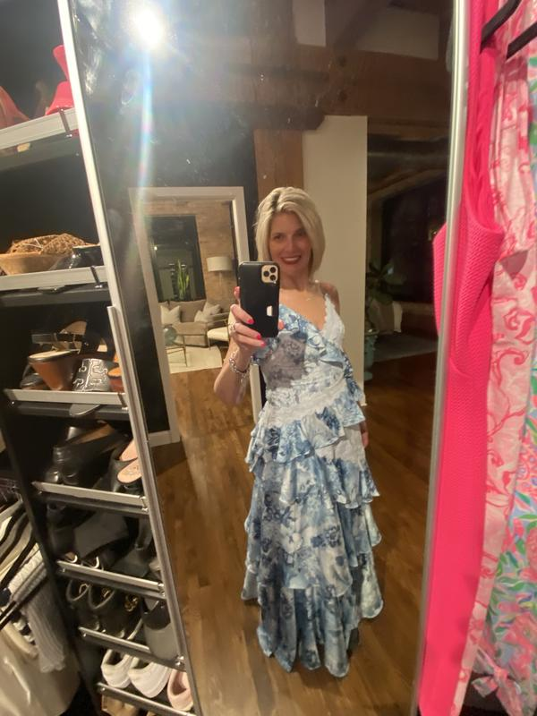 Hermoso vestido de noche azul sin mangas con escote en V, encaje y volantes, vestido formal de fiesta Y8460