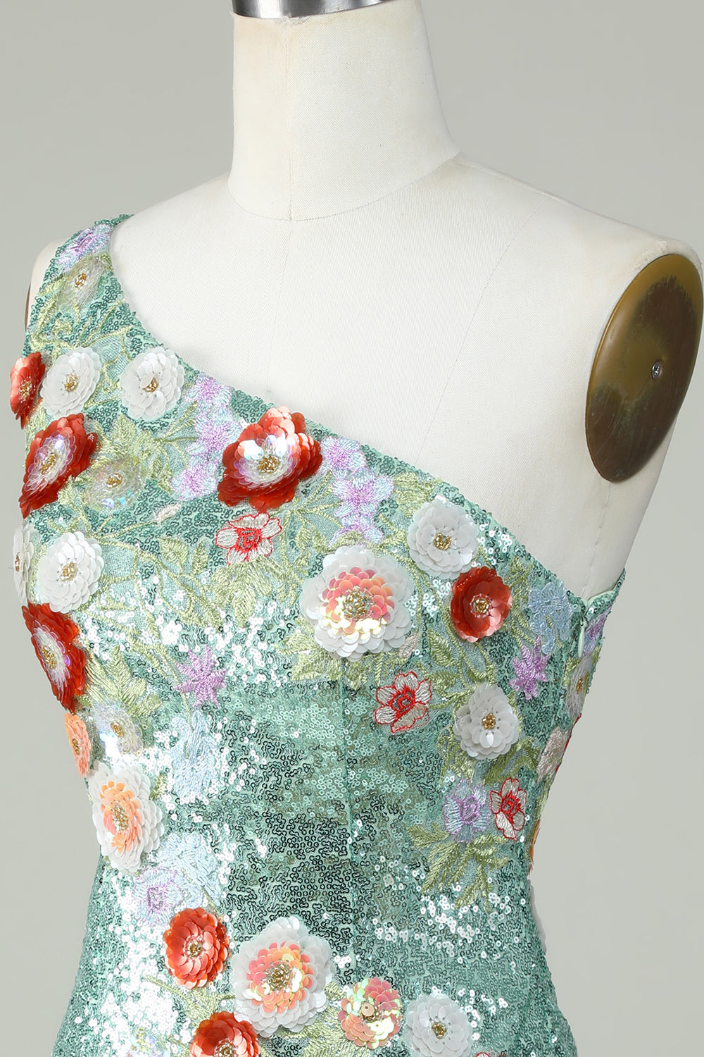 Vestido de fiesta ajustado de un solo hombro con lentejuelas negras y flores 3D