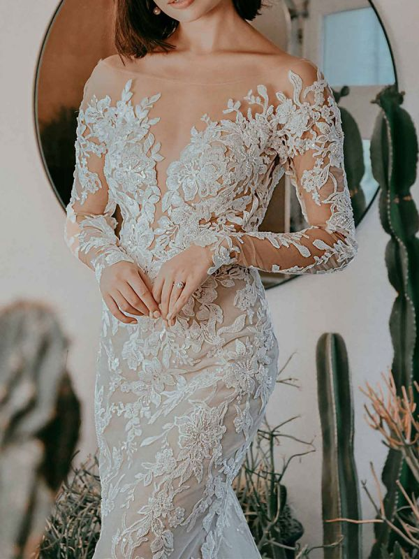 Vestido de novia blanco con escote ilusión, mangas largas, espalda descubierta, cintura natural, encaje y cola, vestido largo de novia estilo sirena Y101