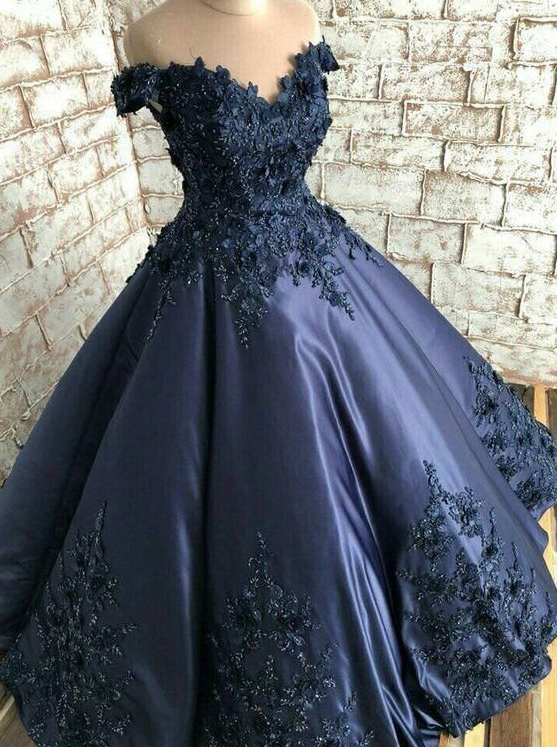 Schulterfreies, marineblaues Ballkleid Y1445