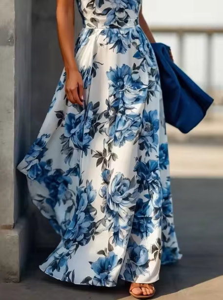 Vestido de noche azul de satén sin mangas con estampado floral y cuello halter, corte A, Y8480
