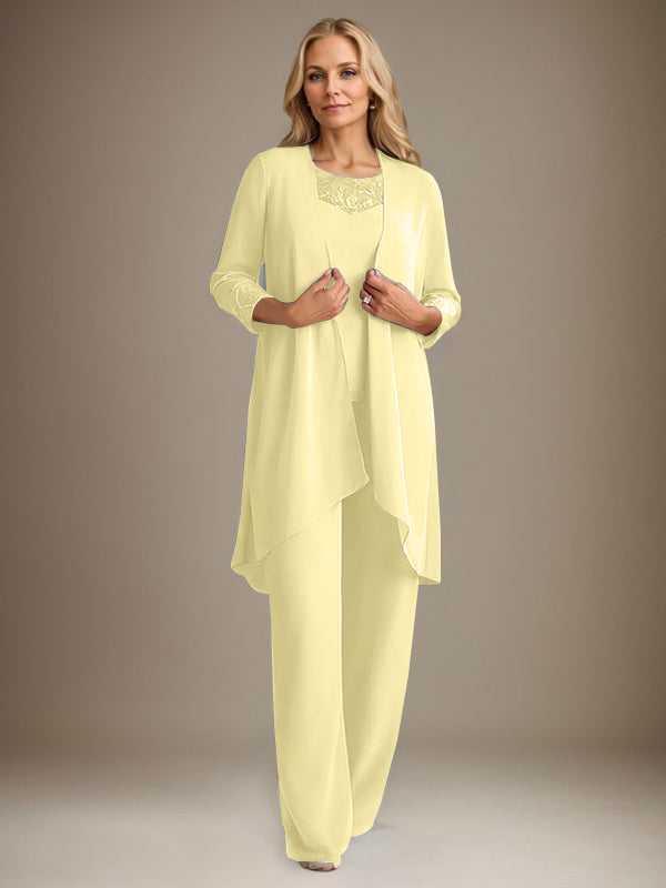 Chiffon Scoop Long Sleeves Mother Of The Bride Pantsuits With Jacket