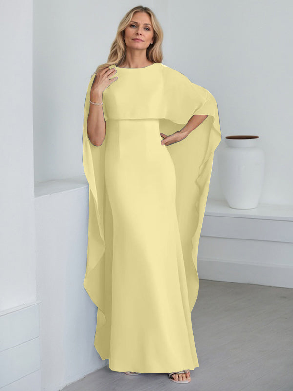 Bodenlanges Etui-Kleid aus Chiffon mit U-Ausschnitt und kaskadierenden Rüschen