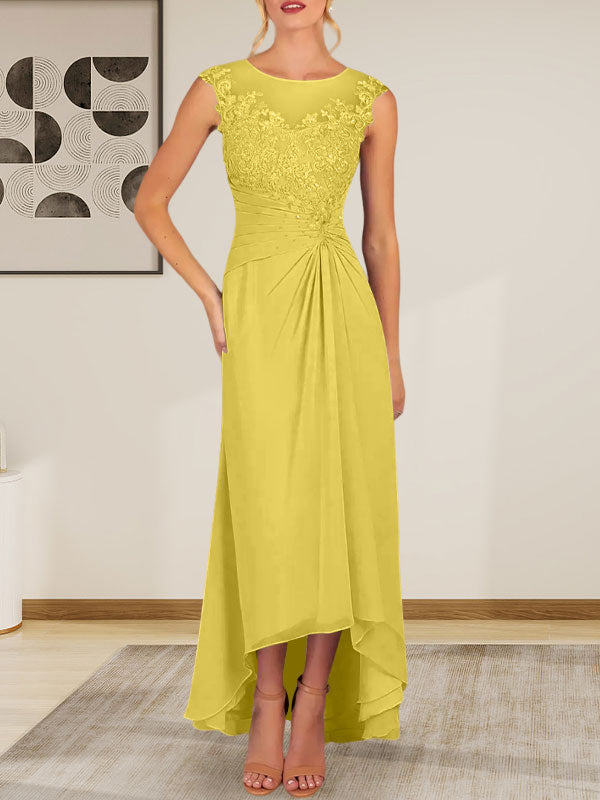 Champagnerfarbenes A-Linien-Kleid aus Chiffon mit U-Ausschnitt und Spitze