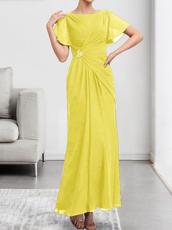 A-line Scoop Ankle-Length Chiffon Mother of the Bride Dress With Beading Pleated