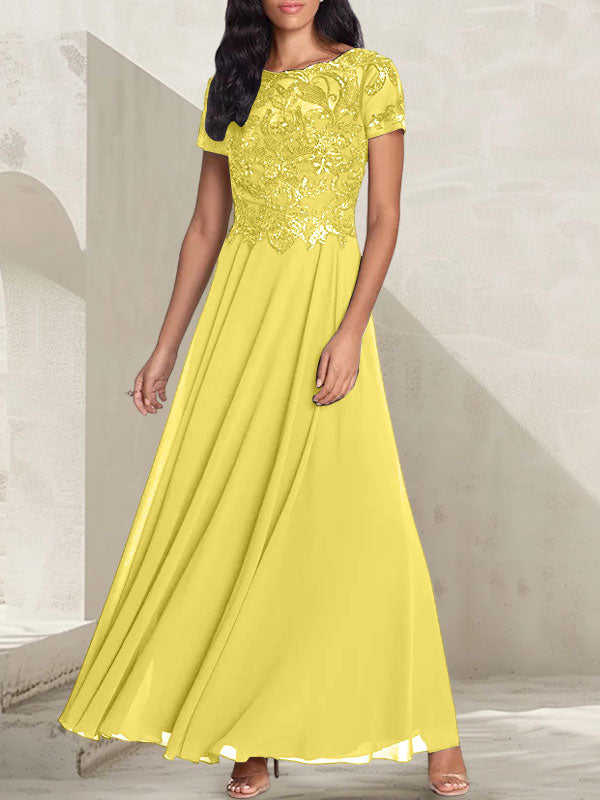 Dunkelgraues A-Linien-Kleid mit U-Ausschnitt und Perlenbesatz für die Brautmutter