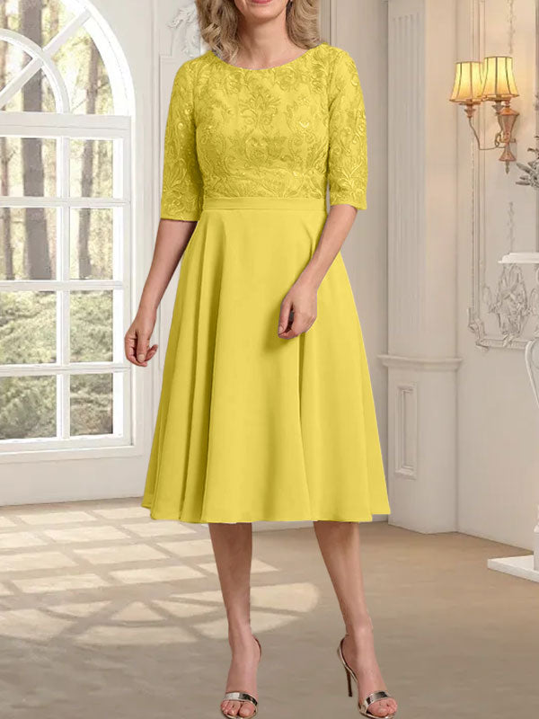 Vestido de gasa con encaje y escote redondo hasta la rodilla para madre de la novia