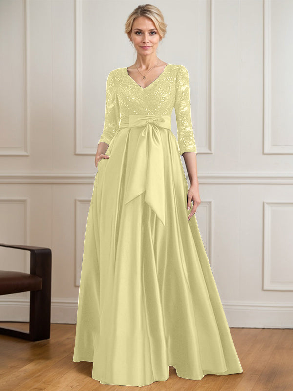 A-Linie V-Ausschnitt Bodenlanges Satin-Spitzenkleid für die Brautmutter mit Paillettenschleife