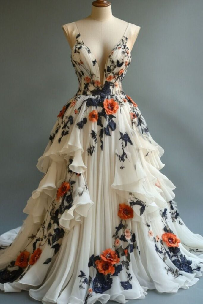 Vestido de noche largo elegante de gasa color marfil con apliques Y8329