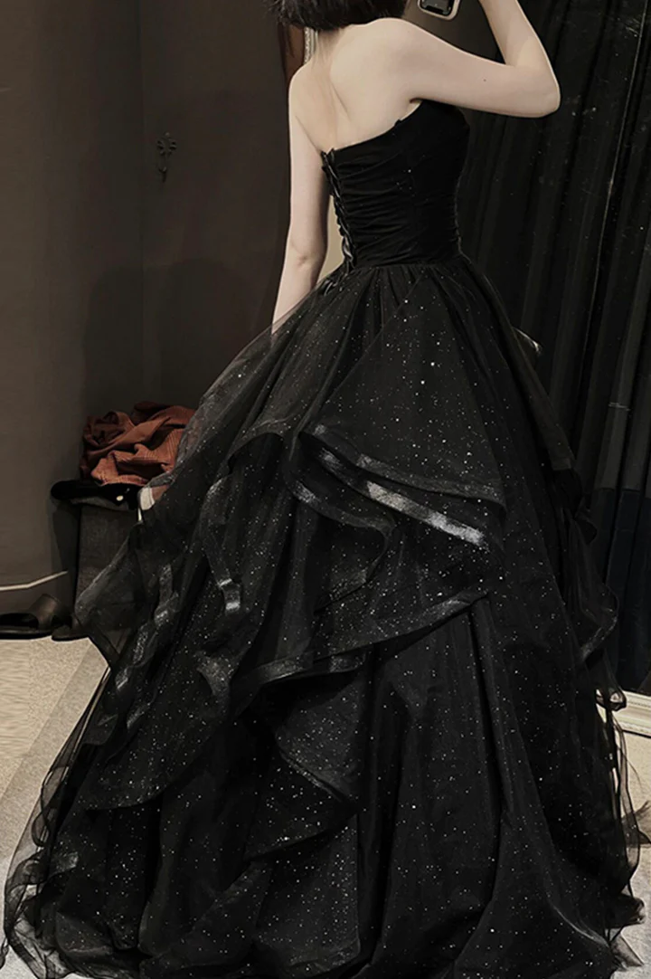 Schwarzes langes Ballkleid aus Tüll in A-Linie, Abendkleid Y74