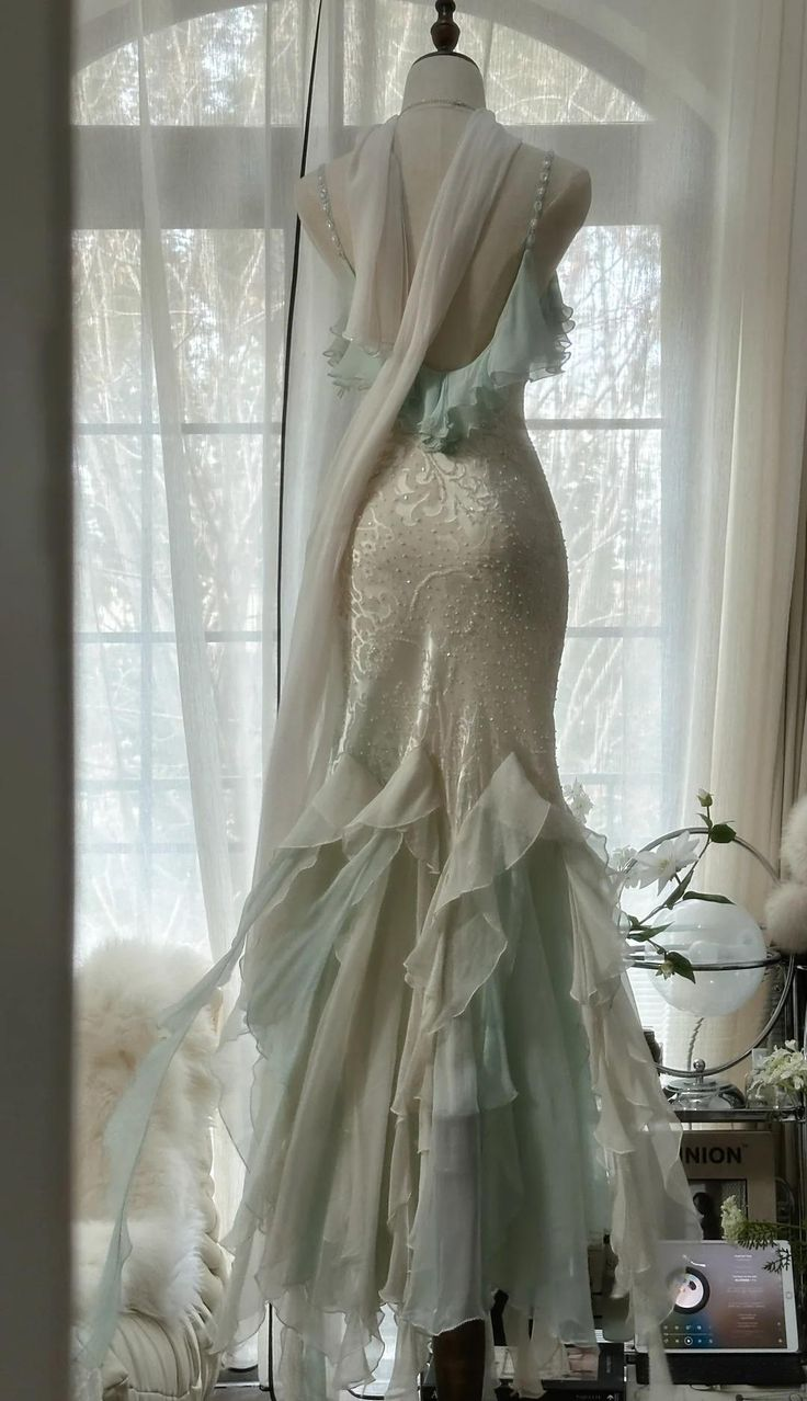 Edles Mintgrünes Temperament Meerjungfrau Spaghettiträger Chiffon Perlen Abendkleid Formales Ballkleid Y8546