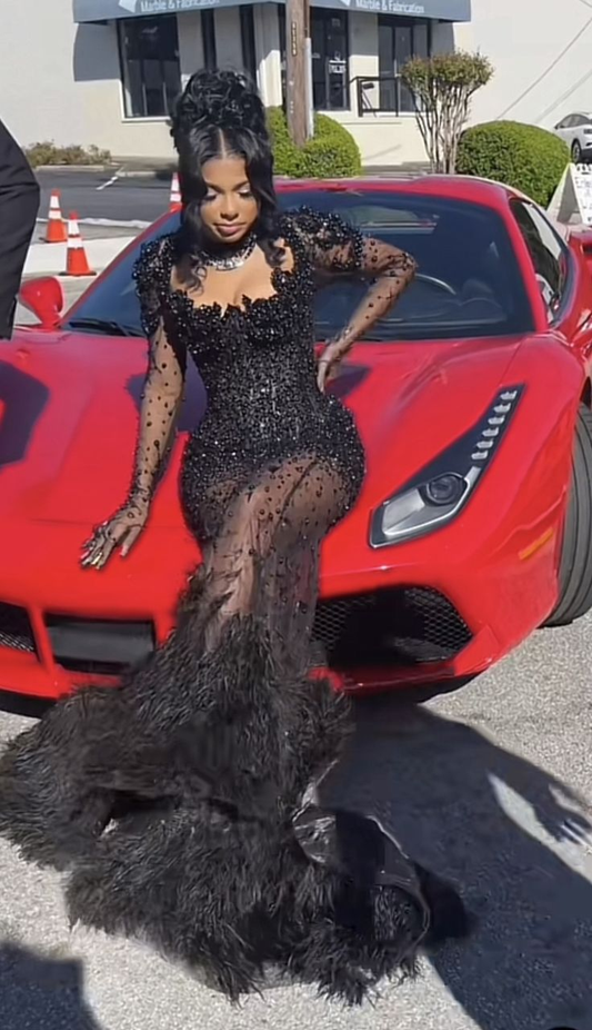 Vestido de fiesta de lujo de tul negro con plumas y cuentas, vestido de noche formal estilo sirena Y7929